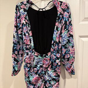 For Love and Lemons open back floral long sleeve mini dress